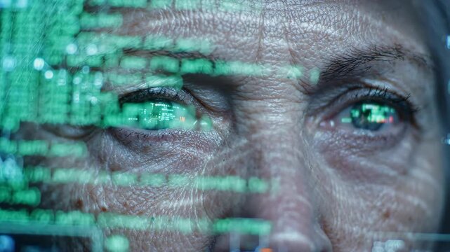 Elderly woman closeup face with blue and green computer code reflection, technology cybersecurity digital data, serious expression, aging, cybercrime, innovation, emotion, science fiction