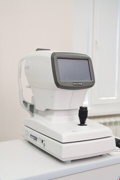 2026.06.08, Russia. White medical Huvitz autorefractor machine side view