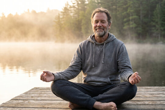 Bearded Man in Lotus Pose by Foggy Lake at Sunrise