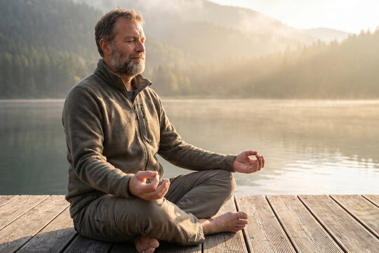 Man Meditating on Wooden Dock at Misty Sunrise Lake