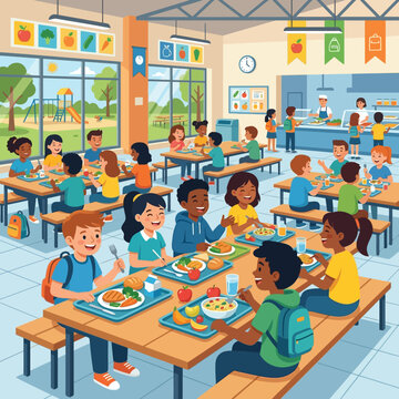 Elementary school children eating healthy meals and talking at long tables inside a bright, colorful cafeteria during a busy lunch break indoors