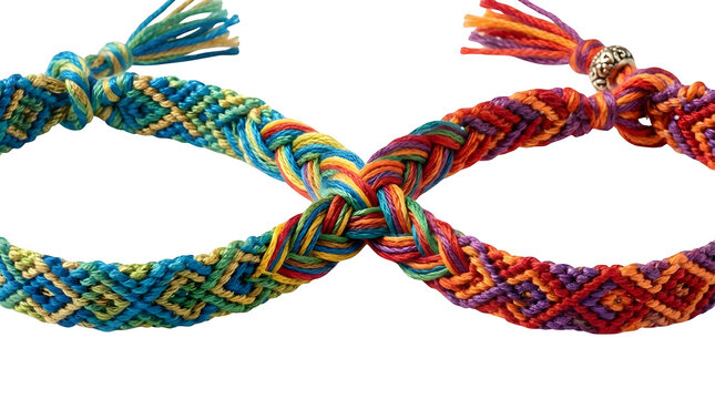 Handmade friendship bracelets with colorful woven patterns, braided cotton thread jewelry, vibrant boho macrame wristbands on white background