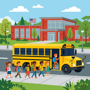 Group of diverse primary school children boarding a bright yellow school bus in front of a modern red brick educational building campus