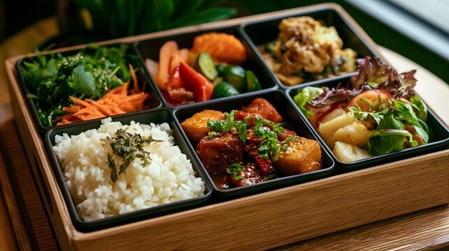 A decorative vegan bento box is artfully presented on a rustic wooden tray showcasing a healthy and colorful meal