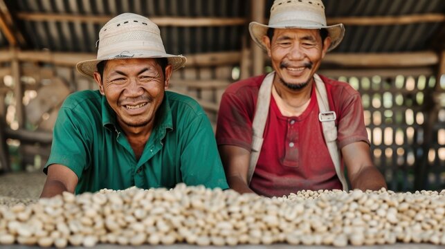 Two happy Asian farmers in traditional hats smile collaboratively sorting a vast quantity of fresh coffee beans on a drying table