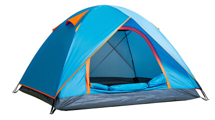 Blue dome camping tent with orange trim sleeping bag inside, isolated on transparent background © STUDIOP