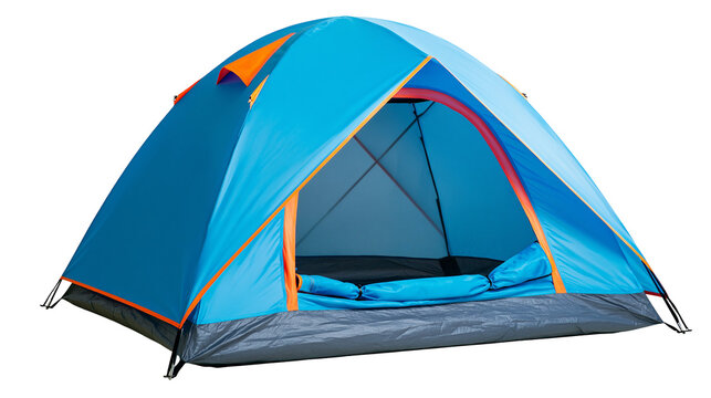 Blue dome camping tent with orange trim sleeping bag inside, isolated on transparent background