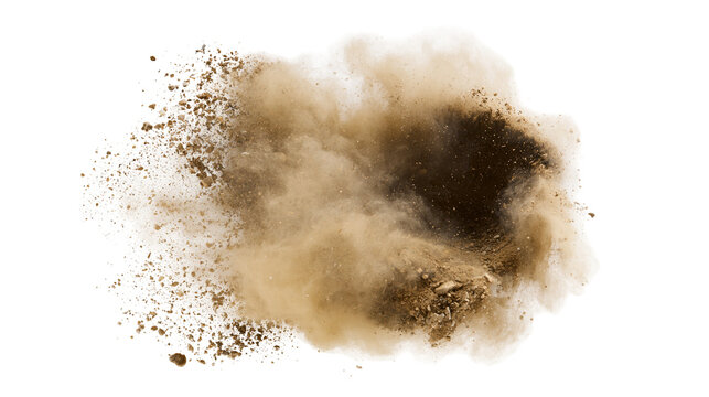 Explosion of brown dirt and dust particles, isolated on transparent background