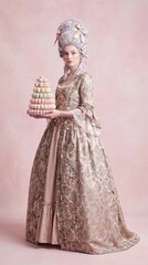 Fototapeta premium High fashion baroque woman holding macaron tower on pastel pink
