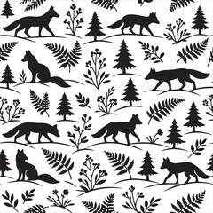 Obraz premium Minimalist Fox Silhouette Seamless Pattern with Forest Pine Trees and Botanical Fern Leaves Vector Illustration