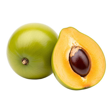 Fresh lucuma fruit whole and split open on transparent layer.