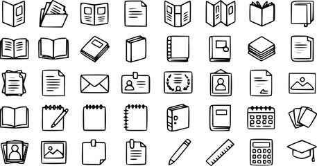 Fototapeta premium Document icons set featuring hand drawn vector sketches of various office supplies books stationery items and professional business paperwork elements