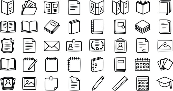 Document icons set featuring hand drawn vector sketches of various office supplies books stationery items and professional business paperwork elements