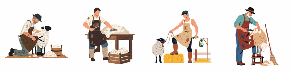 Set of male characters performing traditional sheep shearing and wool processing tasks, isolated on a white background, flat illustration style. © Aldi