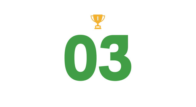 Green numbers 03 with a gold trophy icon, symbolizing a sport victory or top achievement, isolated white background.