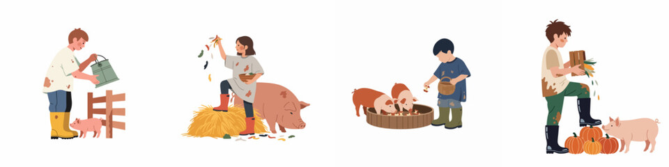 Set of illustrations showing children feeding and caring for pigs on a farm, featuring kids in boots and muddy clothes with farm animals. © Aldi