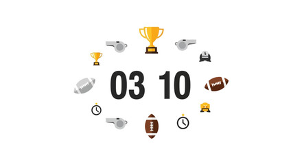 Fototapeta premium Sports Score or Time 03 10 with Trophy Whistle and Football Icons on Isolated White Background