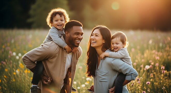 Family of four embracing outdoors during golden hour in a sunlit field.