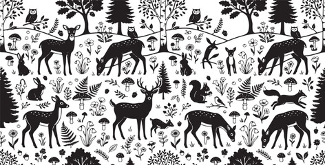 Obraz premium Cute Woodland Forest Animals Silhouette Seamless Pattern with Deer Owl Fox and Botanical Flowers Vector Illustration