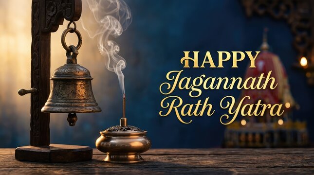 Happy Jagannath Rath Yatra religious banner with a traditional hanging brass temple bell and holy incense smoke background