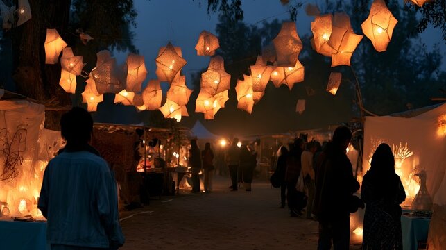 A glowing art fair featuring traditional music and subtle textures that catch the light creating a warm and nuanced atmosphere