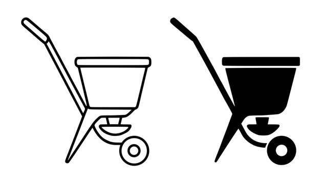 Seed spreader minimalist icon, black and white in outline and silhouette design
