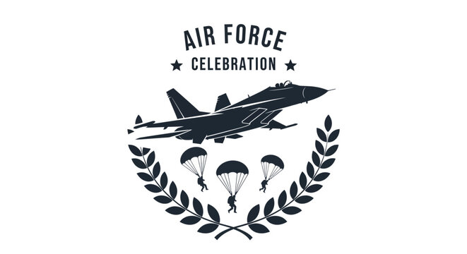 Vintage air force celebration emblem with fighter jet and paratroopers.
