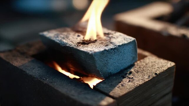 A piece of wood burns with bright flames on a wooden structure, macro view