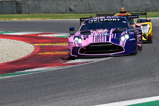 Scarperia, Italy - September 29th 2024: Aston Martin Vantage AMR LMGT3 of team GRID MOTORSPORT BY TF drive by BERRY-HANAFIN-ADAM in action during 4h of Mugello.