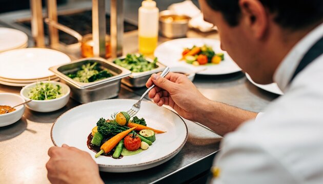 Professional chef arranging roasted vegetables on a white plate in a commercial restaurant kitchen, culinary art and healthy gourmet food preparation for fine dining