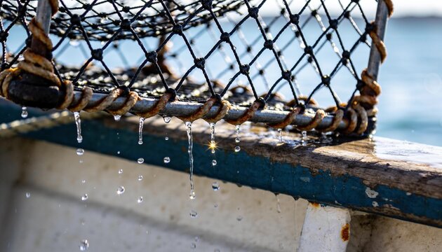 Water dripping from a metal lobster trap on a fishing boat rail at sea during a sunny day, commercial fishing industry and marine harvest concept for maritime business