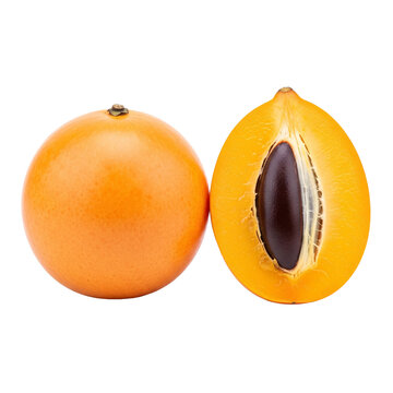 Fresh whole and halved tropical egg fruit isolated on grey box.