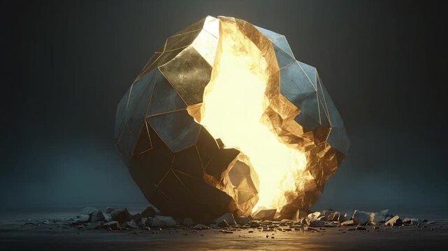 A geometric, fractured sphere glows with golden light, amidst a dark, rocky scene