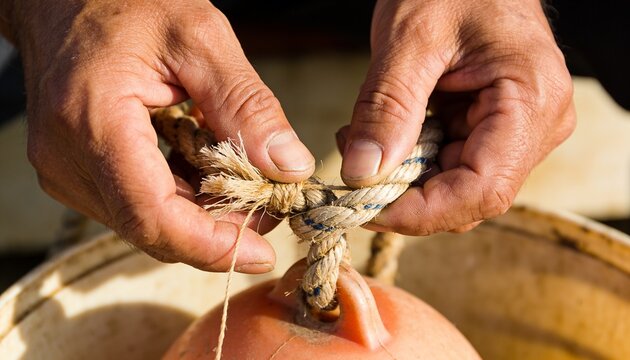 Hands of a sailor securing a thick rope to an orange float buoy in bright sunlight, manual labor and nautical preparation for maritime transport and fishing industry