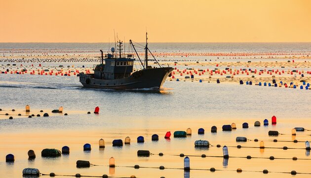 Fishing boat navigating through rows of aquaculture buoys at sunset, maritime vessel on calm ocean water for commercial seafood industry and sea farming