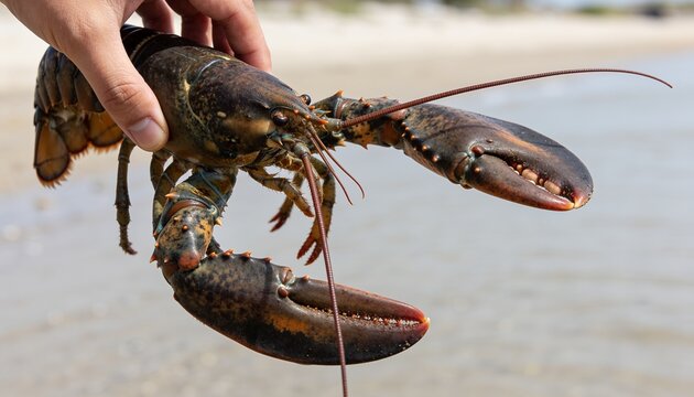 Person holding a live large American lobster on a sandy beach by the ocean, fresh seafood and local fishing industry concept for culinary and travel marketing
