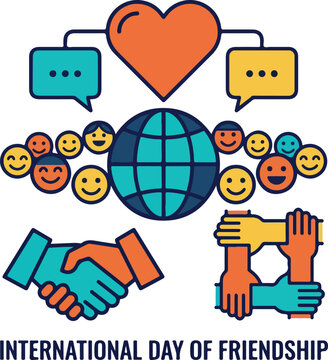 Celebrate International Day of Friendship with diverse smiling faces, global globe, heart symbol, and colorful hands exchanging goodwill in a cheerful multicultural greeting