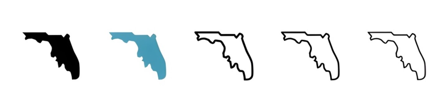 Florida Map Vector Icon Set. Miami state cutout map vector symbol for Ui Designs. Thin line customizable illustration. Contour symbol. Vector isolated outline drawing. Editable stroke