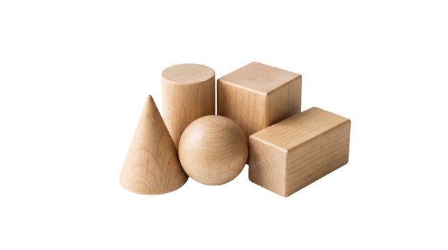 Set of wooden geometric shapes including cone sphere cylinder cube and rectangular prism on transparent background