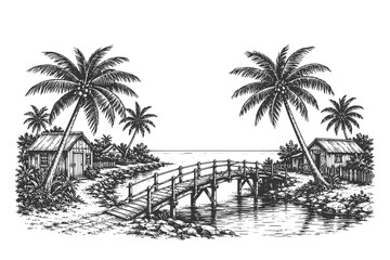 Fototapeta premium Vintage engraved tropical bridge vector illustration with palm trees, wooden footbridge, and village huts in a serene coastal landscape
