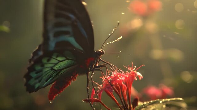 Close up of a stunning Rajah Brookes birdwing butterfly Trogonoptera brookiana resting on a vibrant red Ixora flower covered in morning dew drops illuminated by golden sunlight in a tropical garden