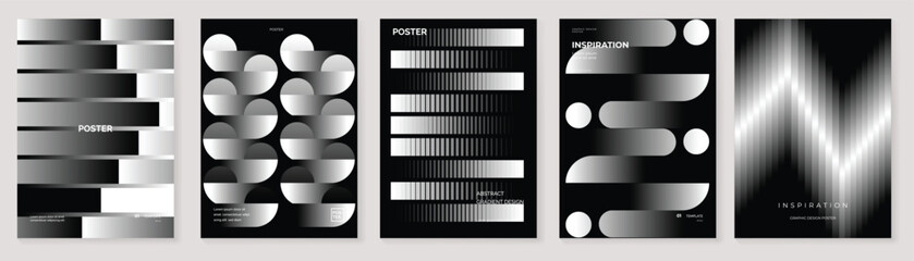 Naklejka premium Abstract monochrome poster vector set with black and white geometric patterns, blurred gradient covers, pixel shapes and optical stripe layouts for modern flyer, banner and print template design.
