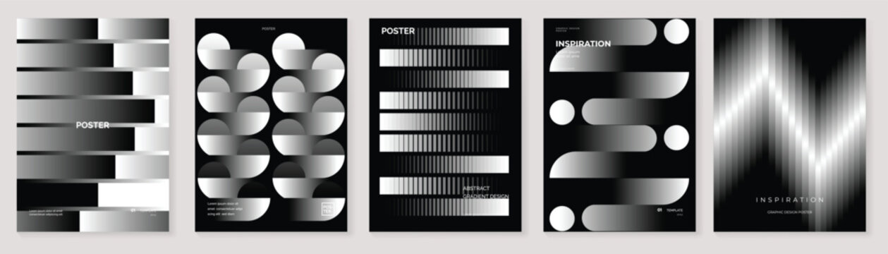 Abstract monochrome poster vector set with black and white geometric patterns, blurred gradient covers, pixel shapes and optical stripe layouts for modern flyer, banner and print template design.