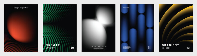 Fototapeta na wymiar Abstract wavy line poster vector set with flowing gradient curves, optical stripe patterns and modern geometric cover layouts for flyer, banner, social media and print design.