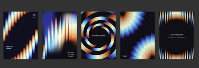 Fototapeten Restaurant Abstract wavy line poster vector set with flowing gradient curves, optical stripe patterns and modern geometric cover layouts for flyer, banner, social media and print design.  © TWINS DESIGN STUDIO