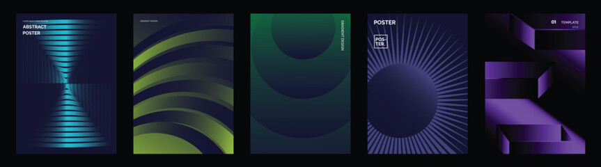 Naklejka premium Abstract wavy line poster vector set with flowing gradient curves, optical stripe patterns and modern geometric cover layouts for flyer, banner, social media and print design.