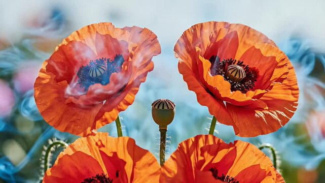 Two vibrant orange poppies flank a central seed pod, with soft blue mist in background