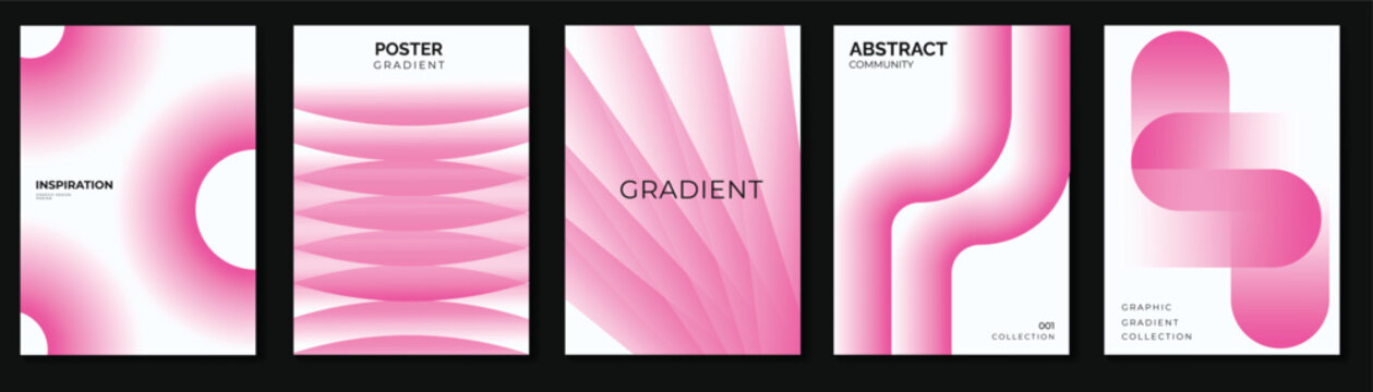 Abstract gradient poster vector set with soft pink wave shapes, flowing curve layouts and minimal modern cover templates for flyer, banner, social media and print design.
