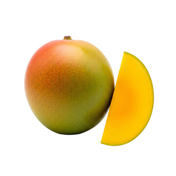 Fresh whole mango fruit and sliced piece on white background.
