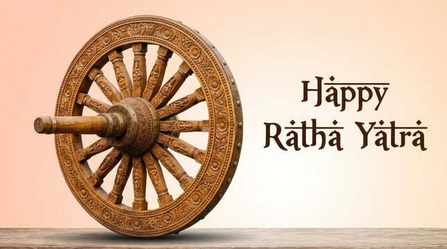 Happy Jagannath Rath Yatra greeting card background with a large rustic wooden chariot wheel on light backdrop